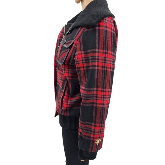 Southpole Red & Black Plaid Cropped Jacket With Ribbed, Women's Large - Picture 2 of 13